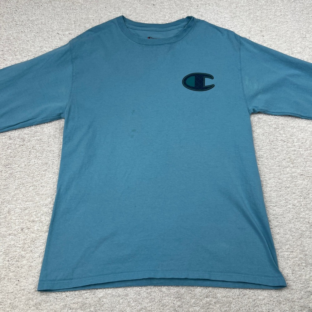 Champion Mens Long Sleeve T-Shirt Blue Large Big C Logo Crewneck Cotton Blend